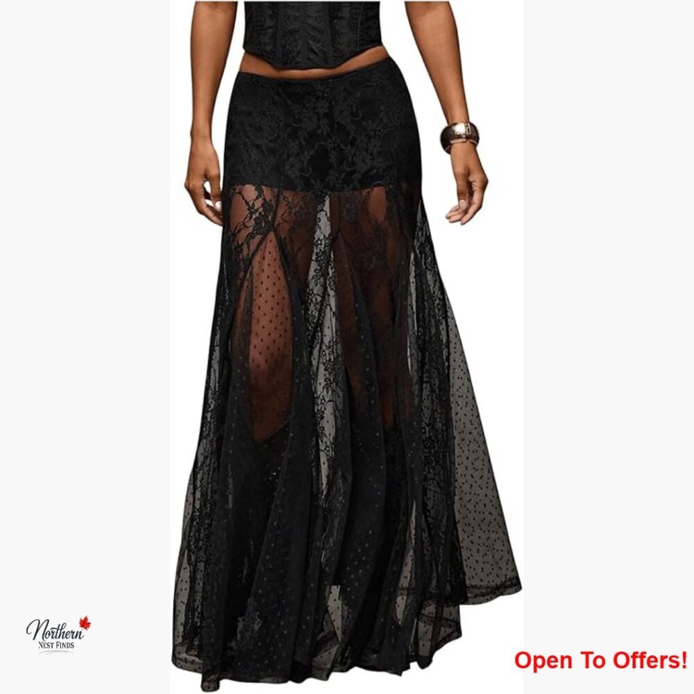 Sheer Lace Maxi Skirt Low Waist Ruffle Hem A Line Flowy